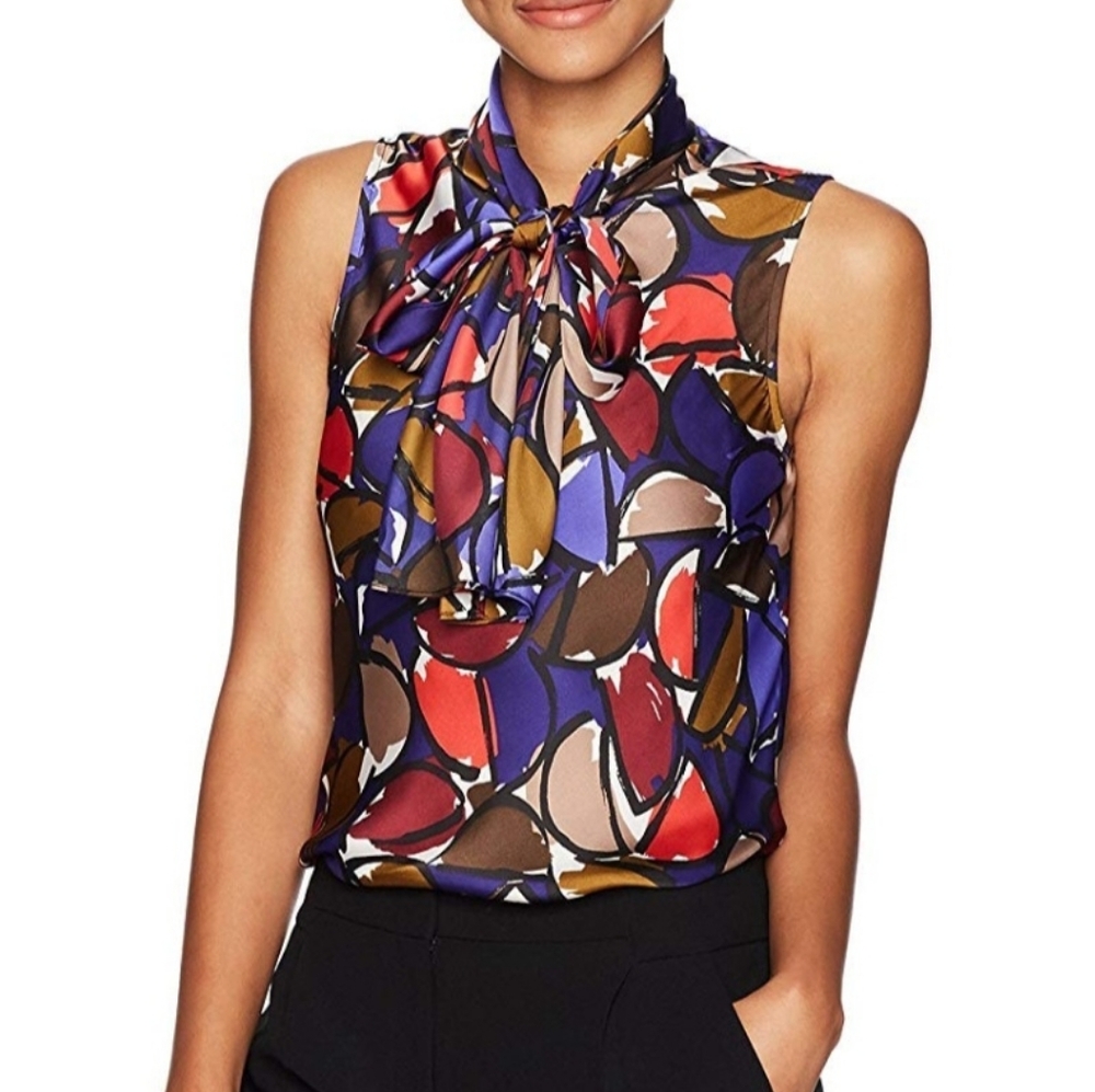 Fairy Celestial Nine West Sleeveless Geometric Print Women's L tie Front Blouse‎